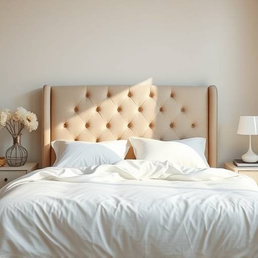 Cama de casal com cabeceira estofada em tecido bege e roupa de cama branca.